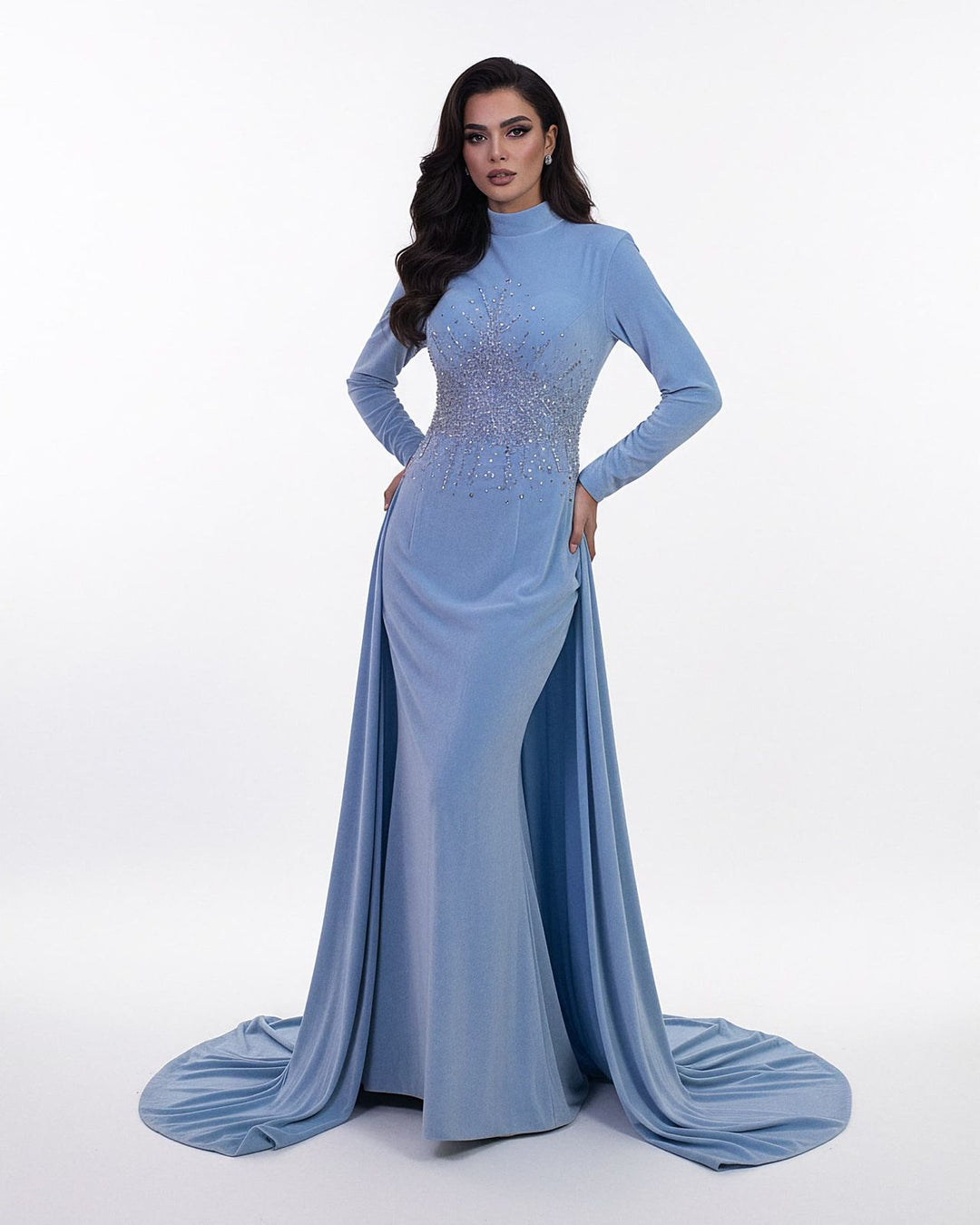 long-sleeve embellished gown with flowing cape – SELENECI