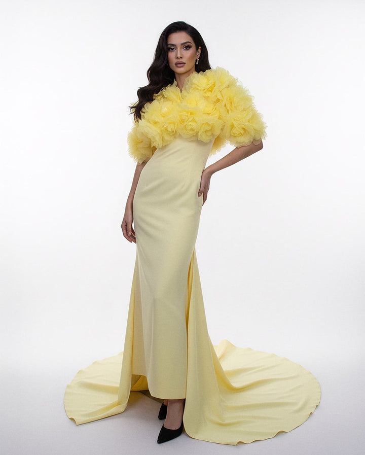 sleeveless gown with voluminous tulle shoulder cape – AURELIAZI