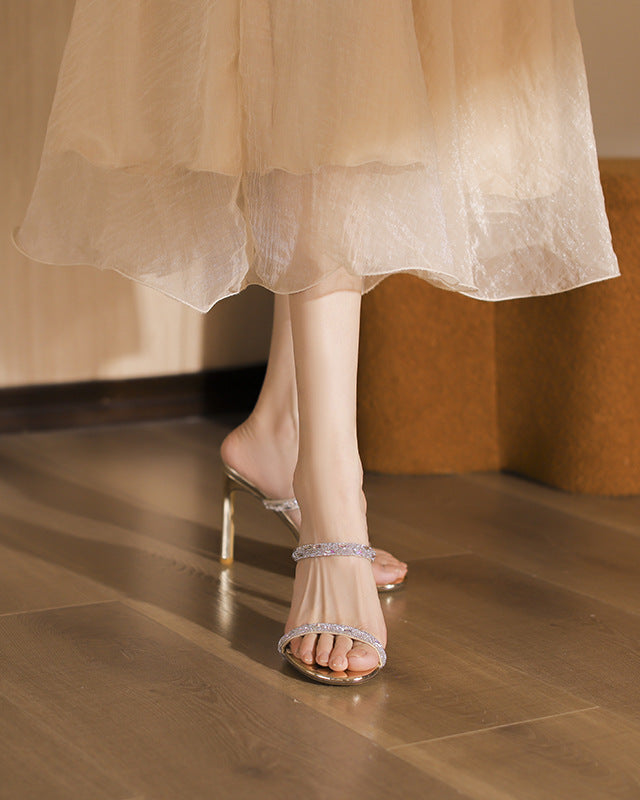 rhinestone strap metallic heeled sandals – AURACIV