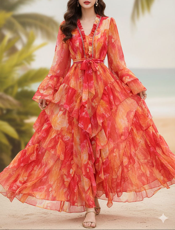 فستان ملفوف مطبوع مع حافة مكشكشة متعددة الطبقات – سيرينابو