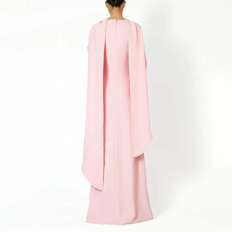 long-sleeve column gown with draped cape trim – CELEVTER