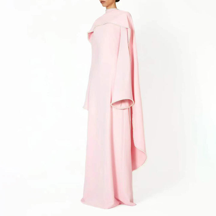 long-sleeve column gown with draped cape trim – CELEVTER