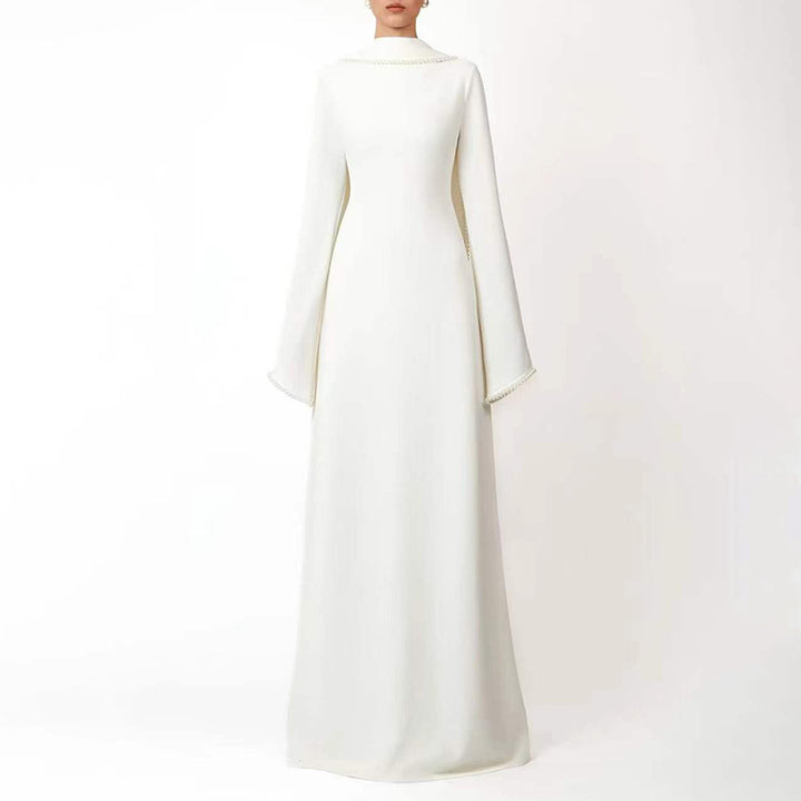 long-sleeve column gown with draped cape trim – CELEVTER