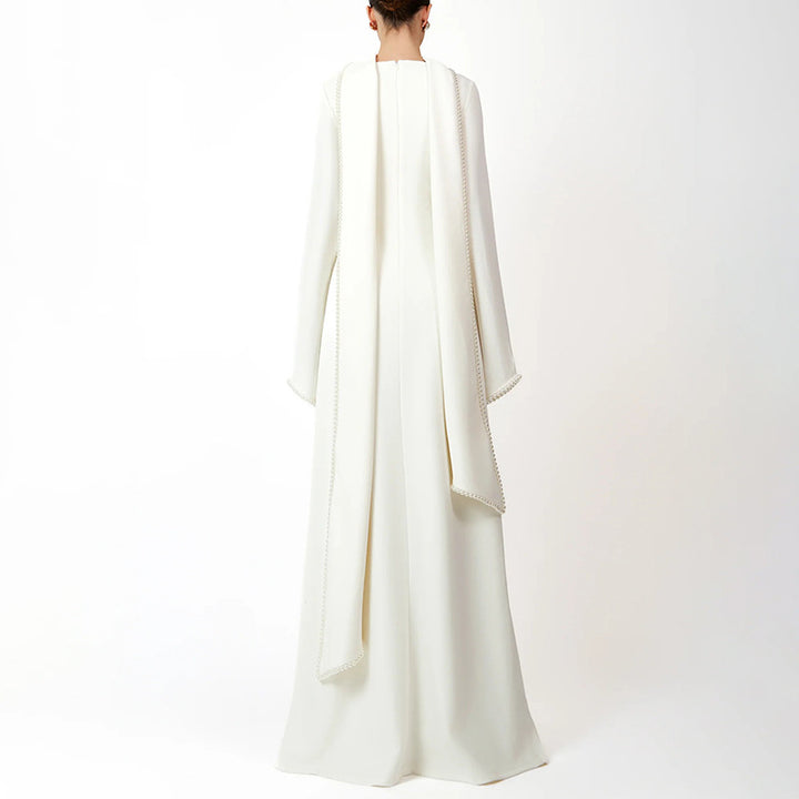 long-sleeve column gown with draped cape trim – CELEVTER