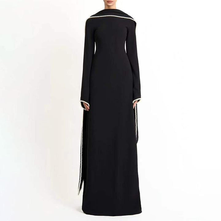 long-sleeve column gown with draped cape trim – CELEVTER