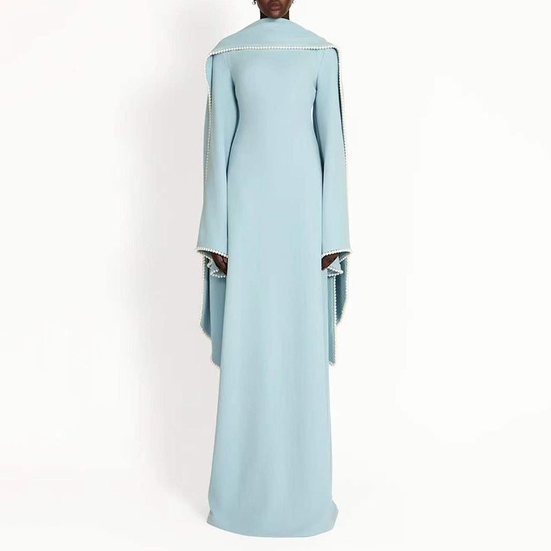 long-sleeve column gown with draped cape trim – CELEVTER