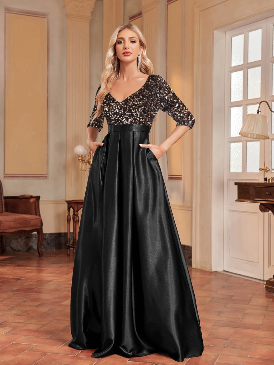 Plissiertes Oberteil mit ausgestellten Ärmeln und Maxirock-Set mit Taillengürtel – Rosiny 