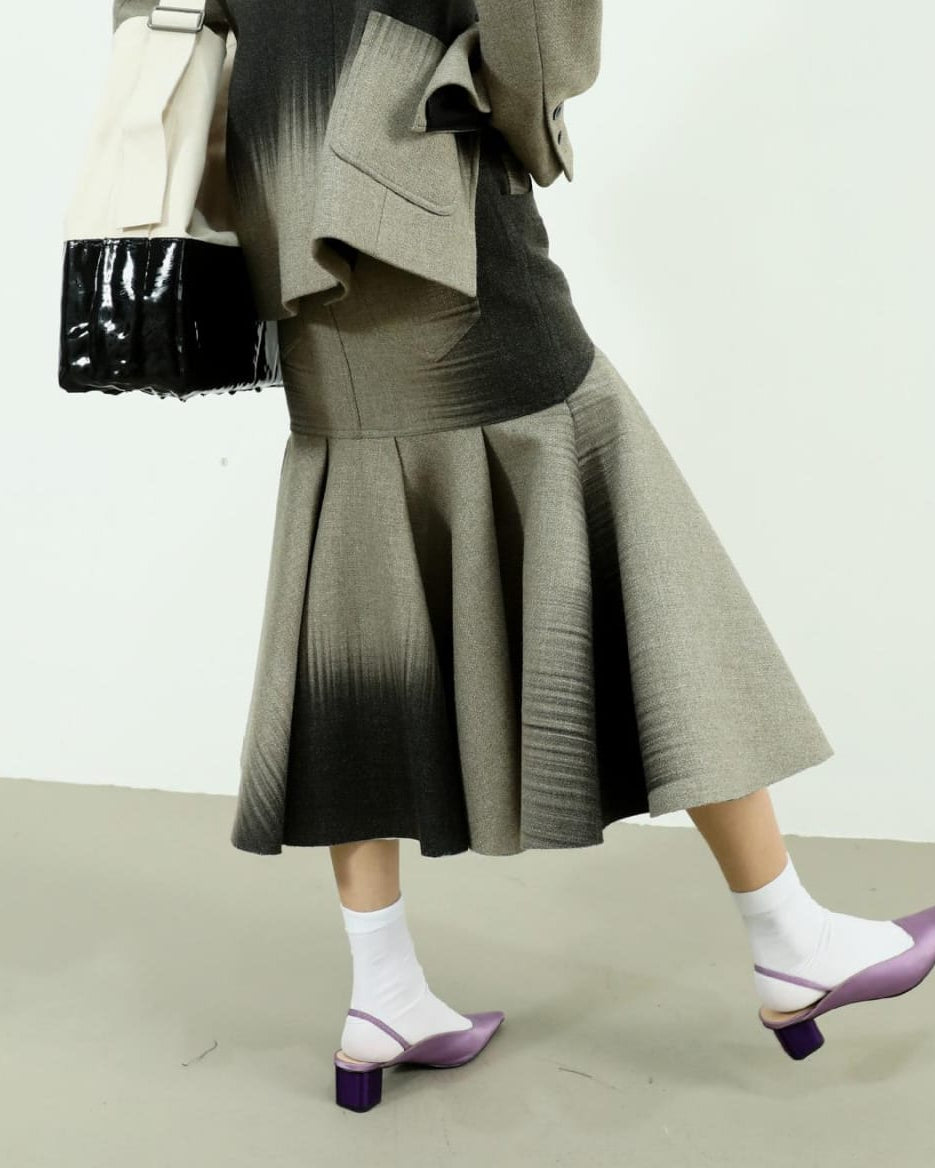 褶皱喇叭袖上衣和高腰裙套装，配腰带 – Rosiny 