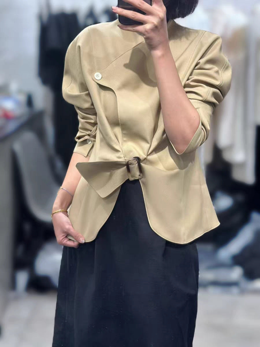 belted asymmetric jacket with high collar – BIERNA