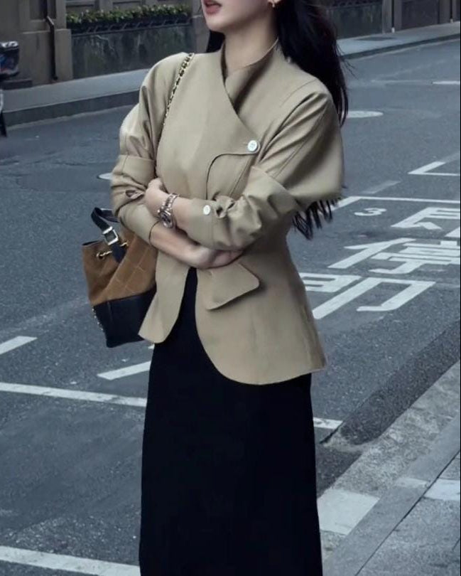 belted asymmetric jacket with high collar – BIERNA