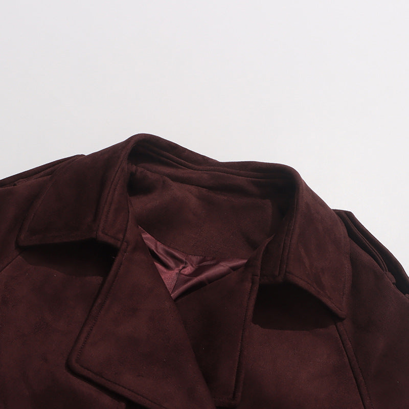 معطف طويل من جلد الغزال بحزام مع غطاء واقي من المطر - مارلو