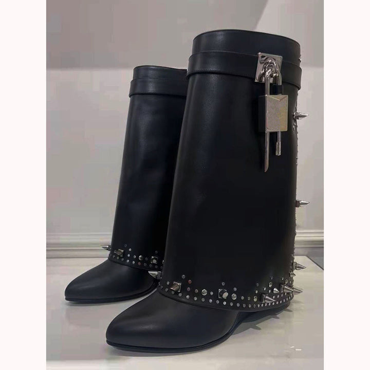 studded leather wedge boots with metallic lock – PANOVA