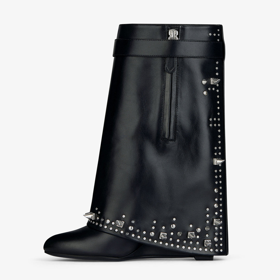 studded leather wedge boots with metallic lock – PANOVA