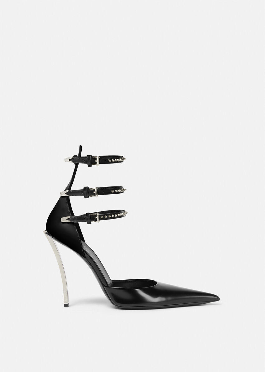 triple-strap pointed-toe heels with studded details – AURORA