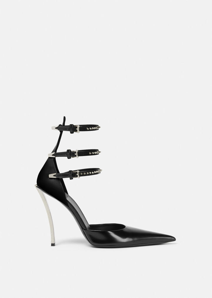 triple-strap pointed-toe heels with studded details – AURORA