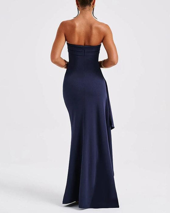 strapless draped gown with high slit – AURONGA