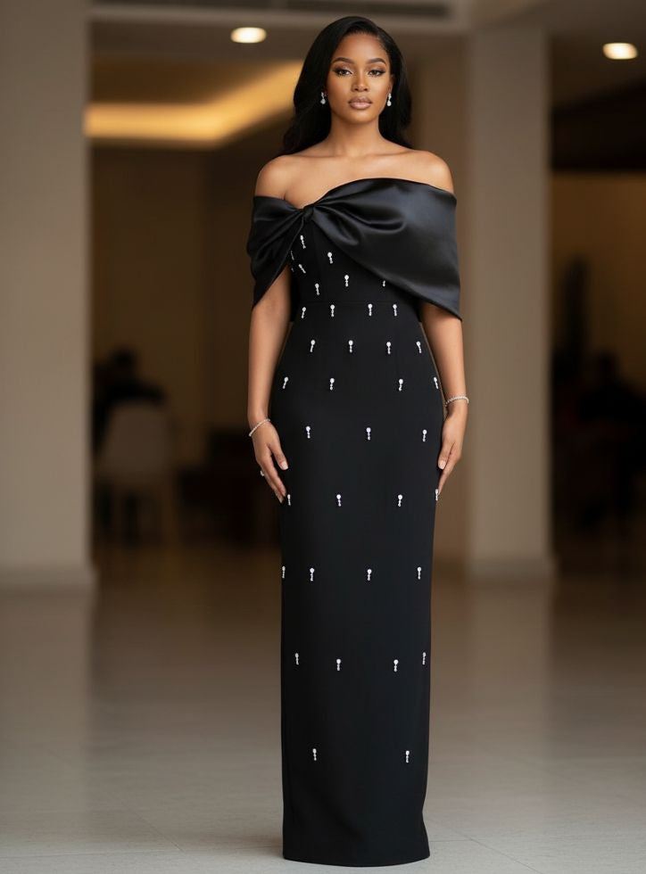 off-shoulder column gown with draped bow neckline – AURORA