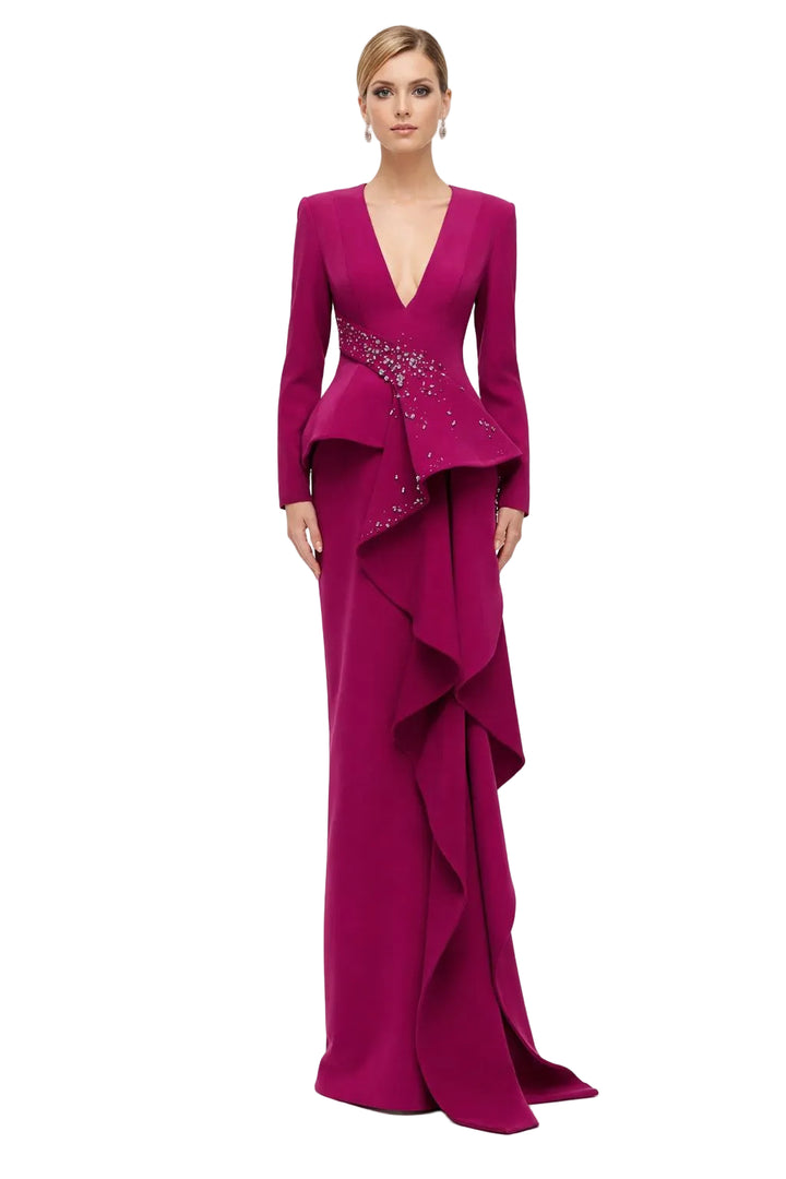 Long V-neck gown with embellished peplum and cascading ruffle – GRACE