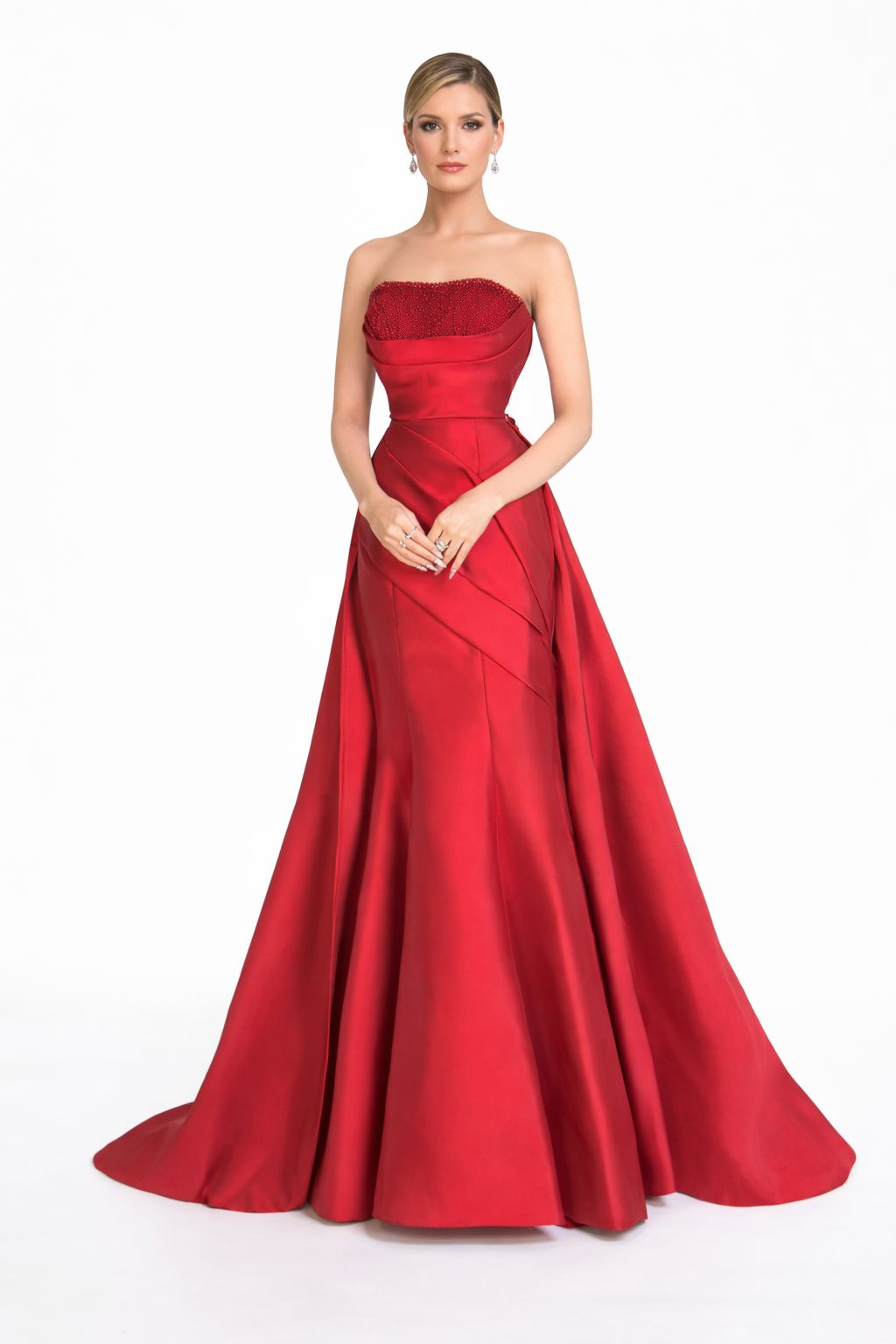 Strapless satin ball gown with embellished bodice and dramatic overskirt – SCARLET