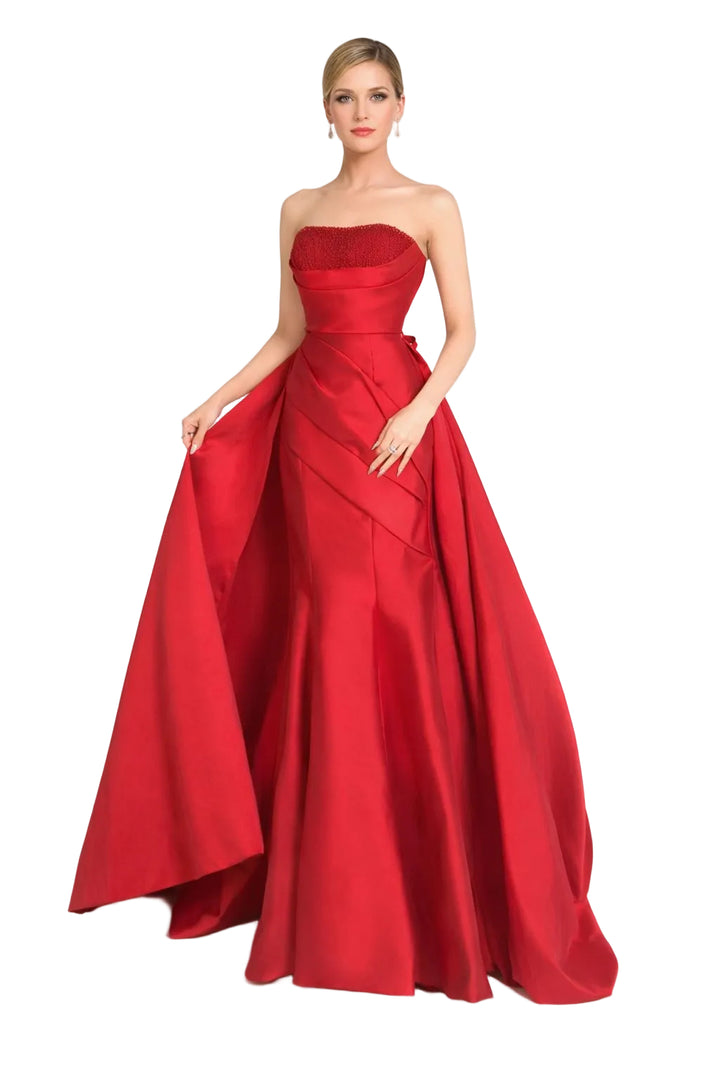 Strapless satin ball gown with embellished bodice and dramatic overskirt – SCARLET