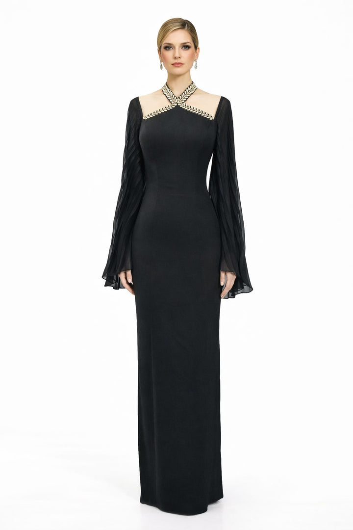 long-sleeve column gown with embellished halter neckline – ÉLITE