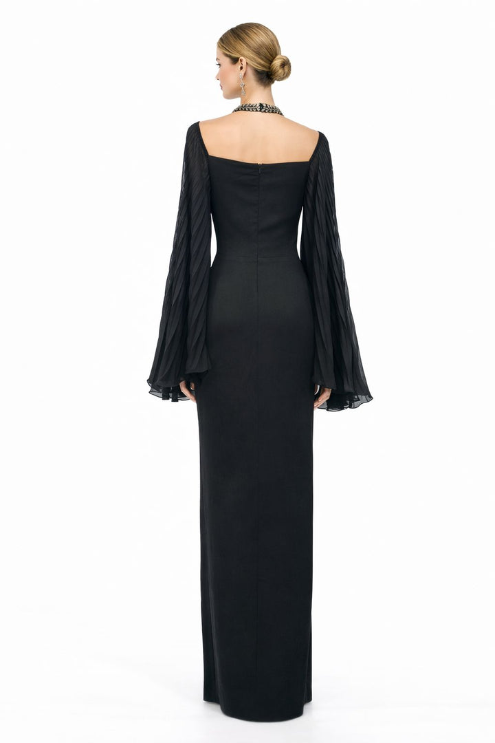 long-sleeve column gown with embellished halter neckline – ÉLITE