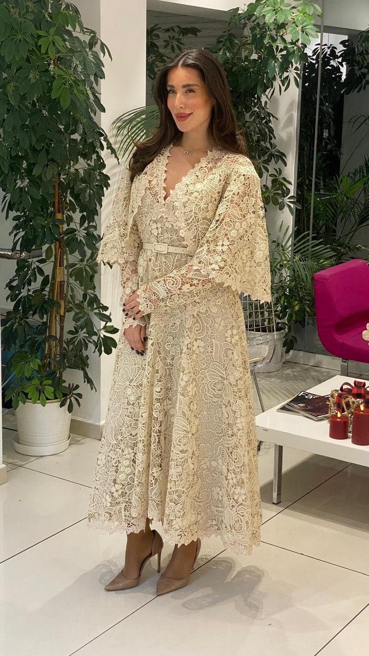 lace midi dress with scalloped cape sleeves – SERENA