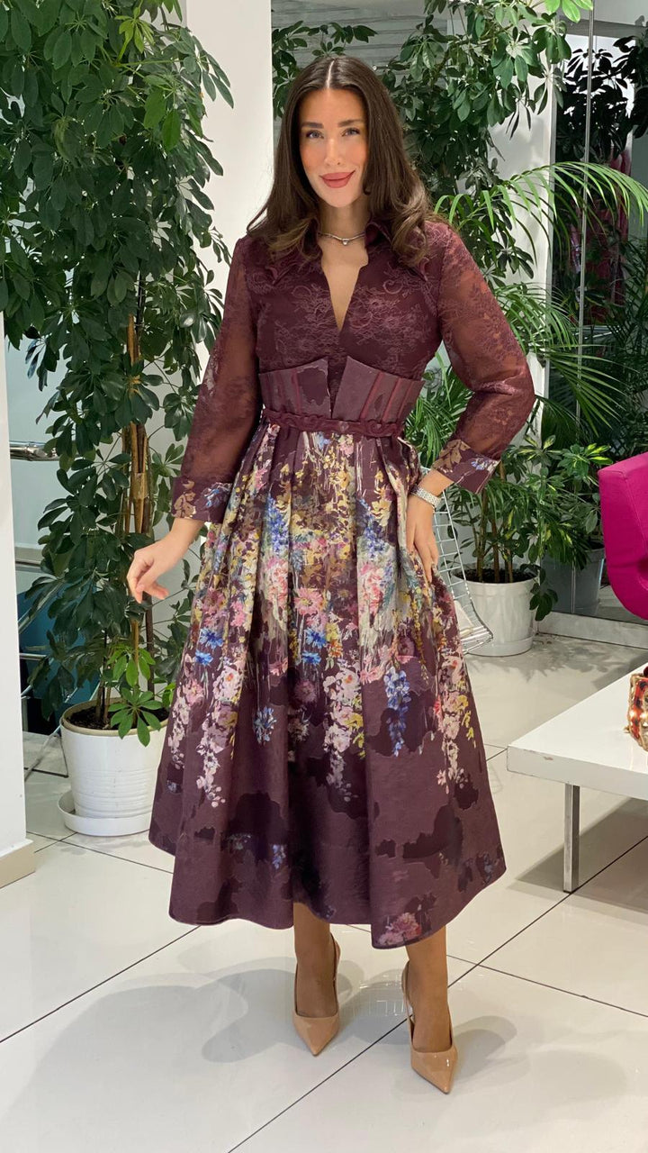 lace bodice midi dress with corset waist and floral skirt – VELARA –