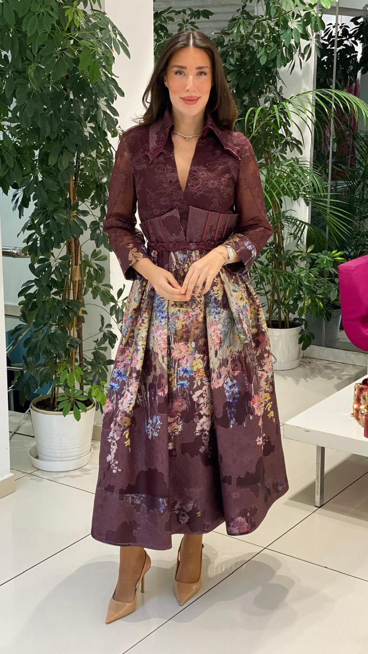 lace bodice midi dress with corset waist and floral skirt – VELARA