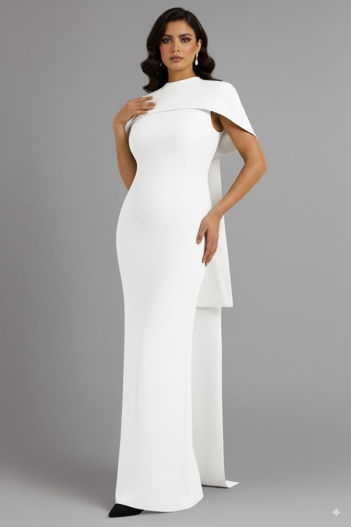 high-neck column dress with sculpted shoulder cape – Gofaan-1