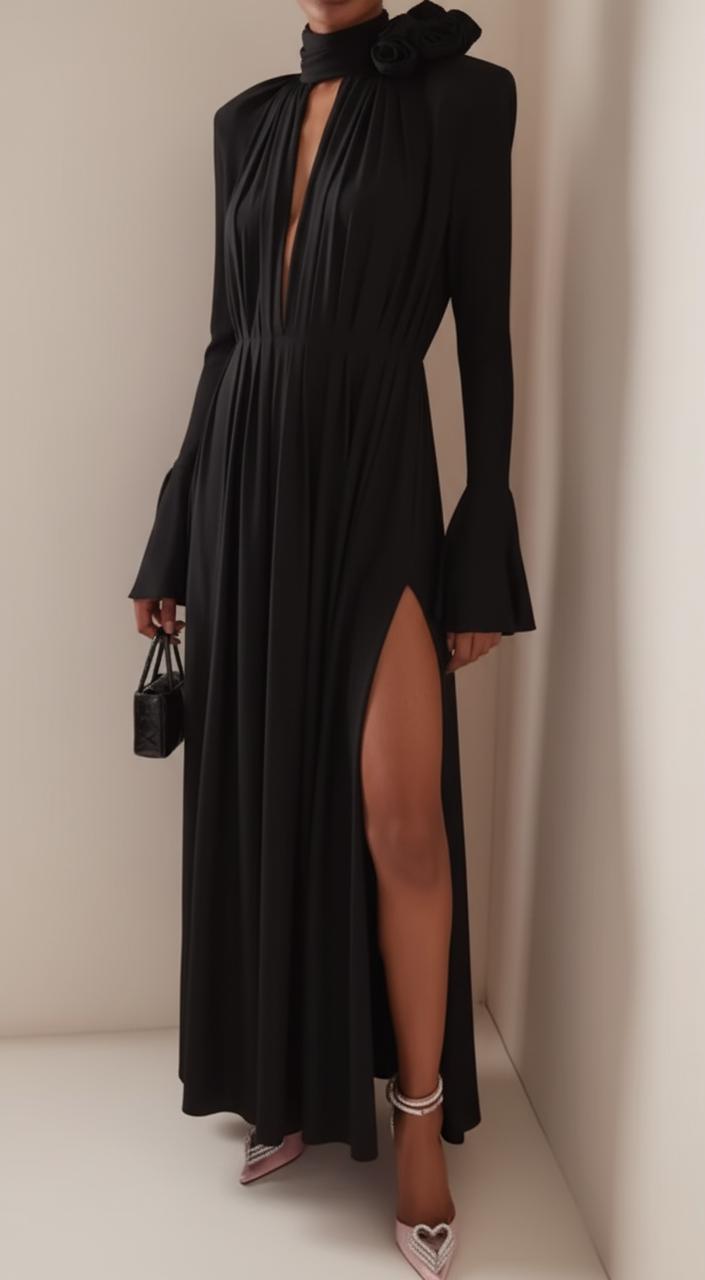 Haut à manches évasées plissées et ensemble jupe longue avec ceinture à la taille – Rosiny 