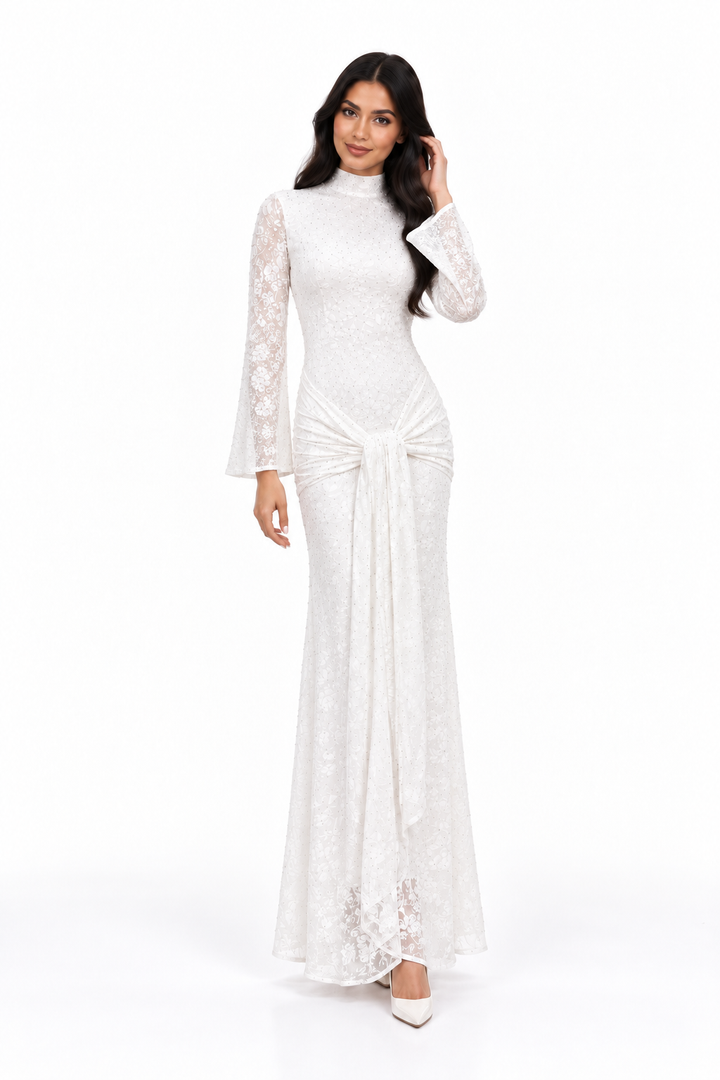 Embellished High-Neck Velvet Evening Gown - Noirevia