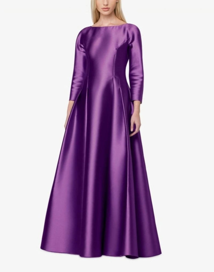 long-sleeve satin gown with structured flare skirt – VIOLETTA