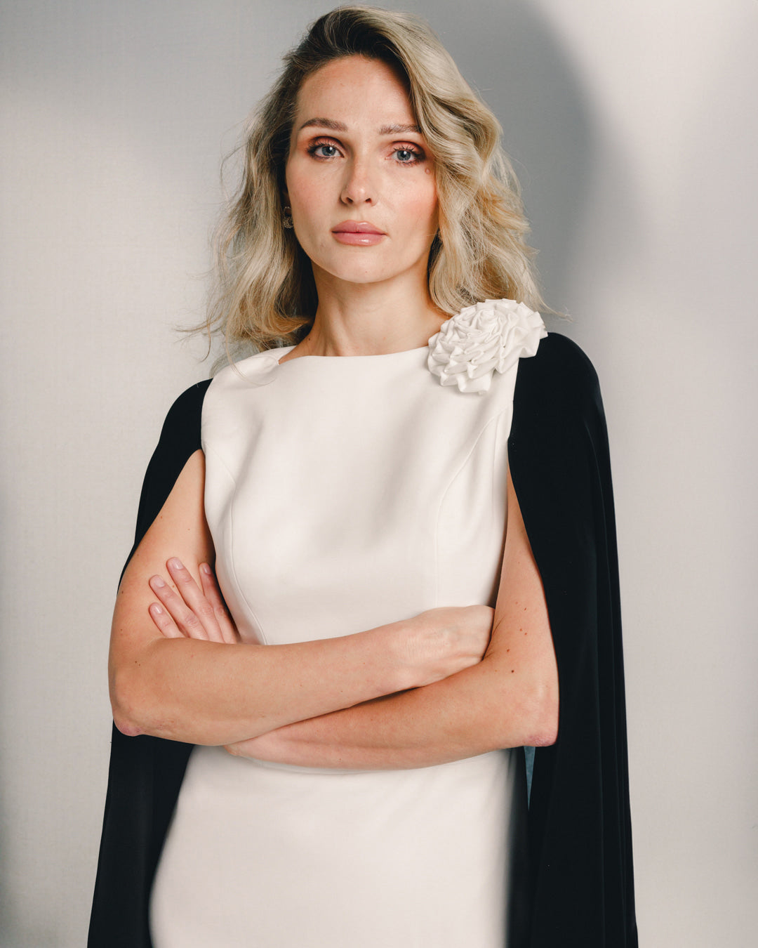 two-tone column gown with draped cape sleeves – AURORA