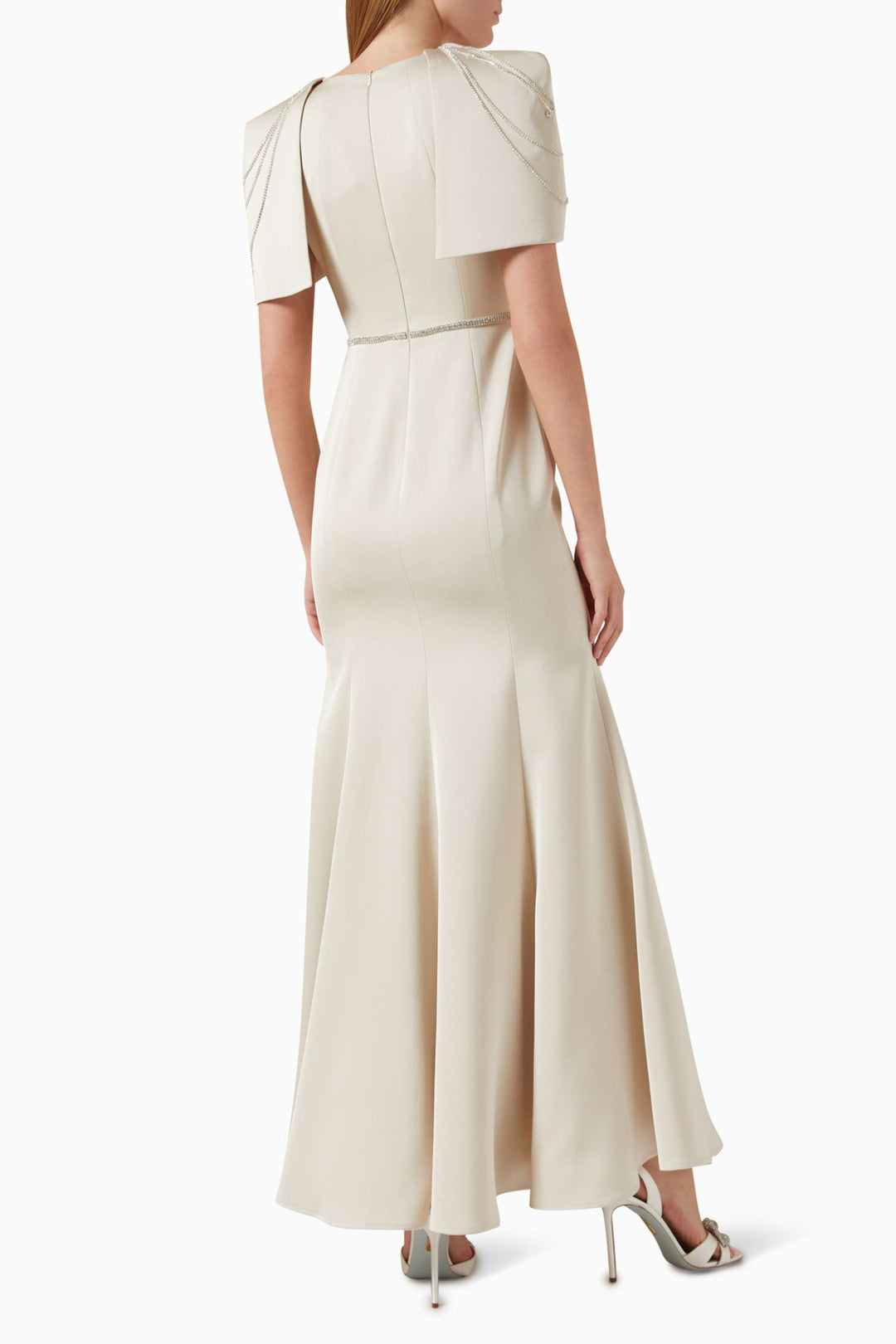 structured shoulder gown with crystal trim – IVORY
