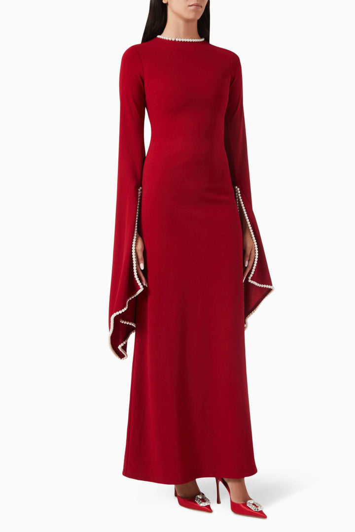 long-sleeve gown with pearl-trimmed flared cuffs – OPHELIA