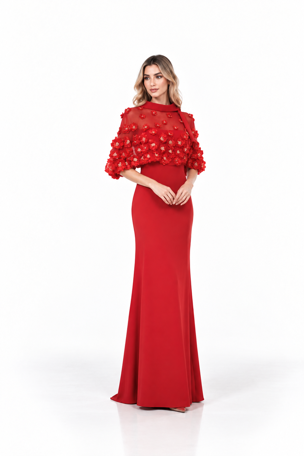 3D Floral Cape Gown - Scarlet