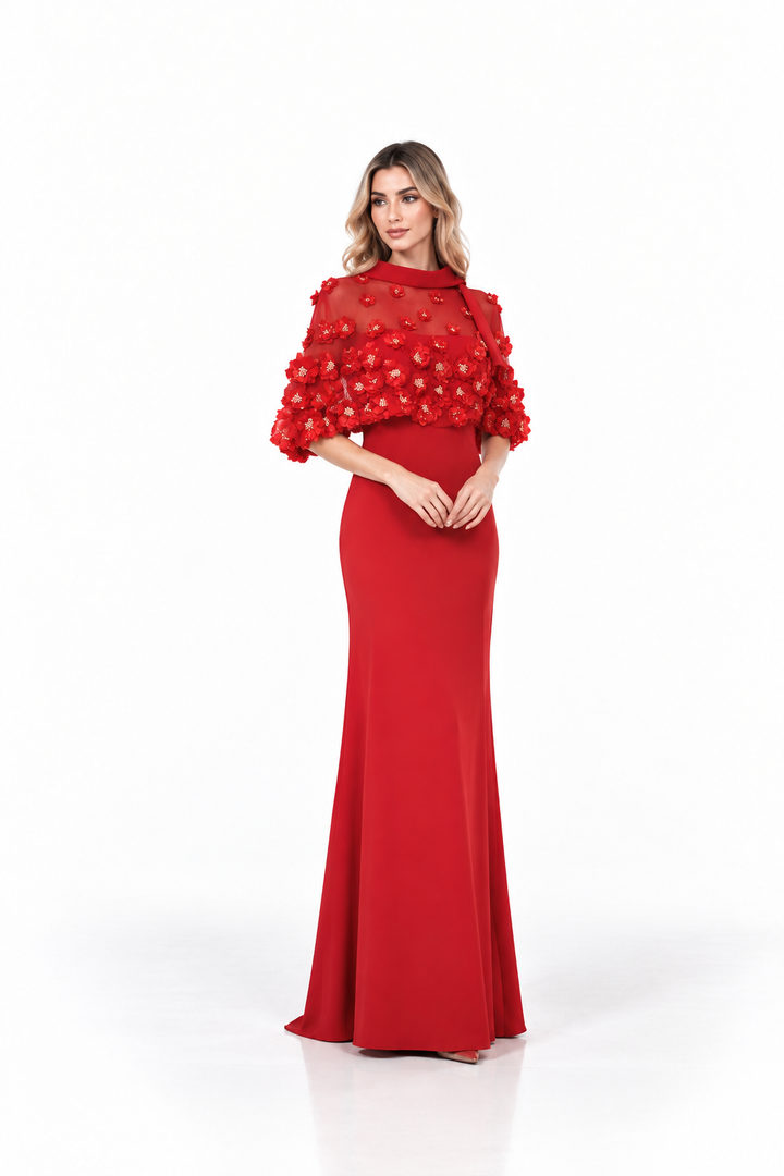 3D Floral Cape Gown - Scarlet