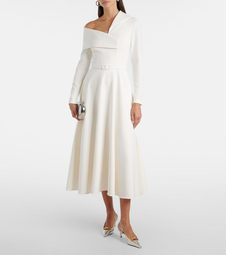 Asymmetric off-shoulder midi gown with belted waist – IVORÉ