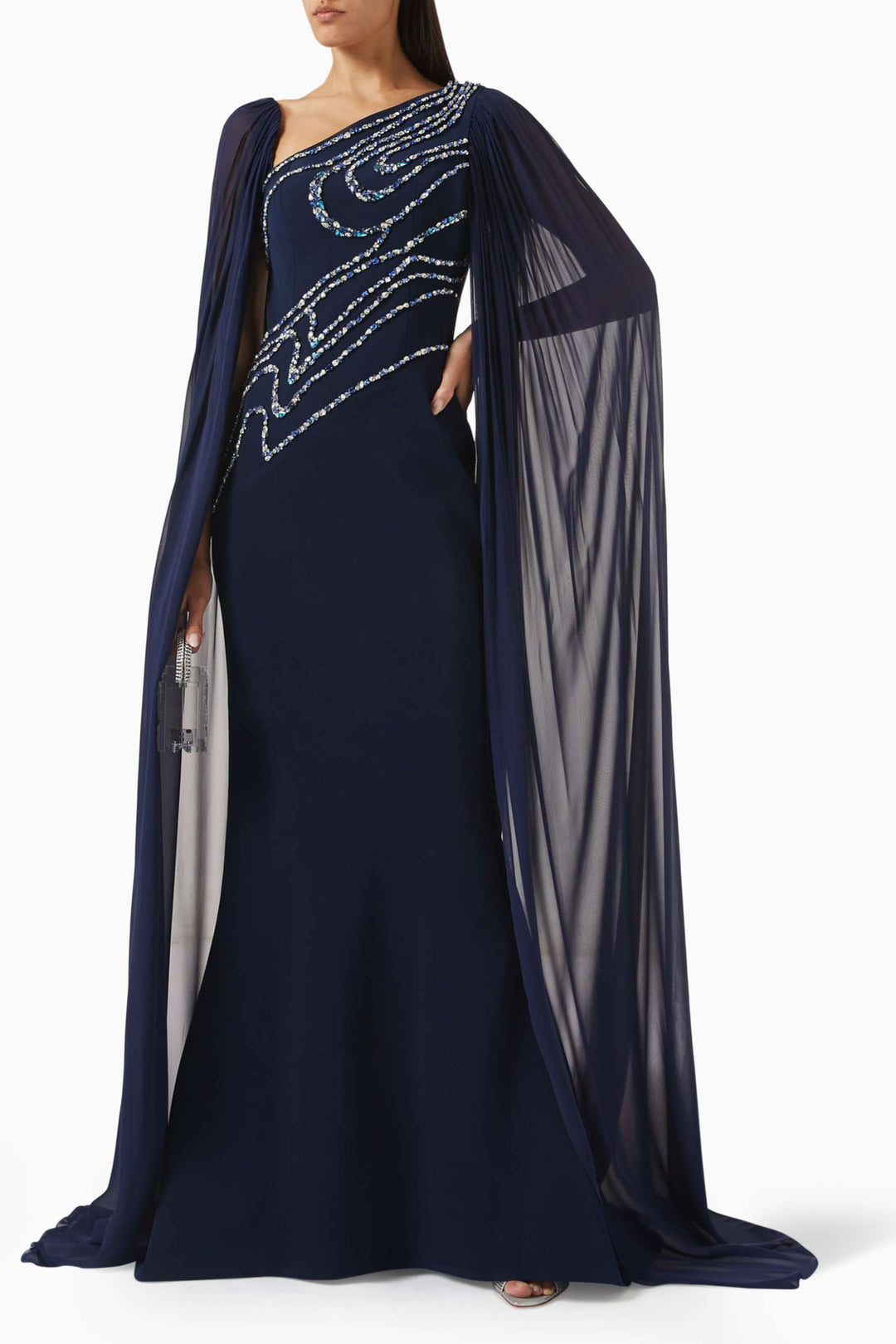 one-shoulder embellished gown with chiffon cape – SERENA