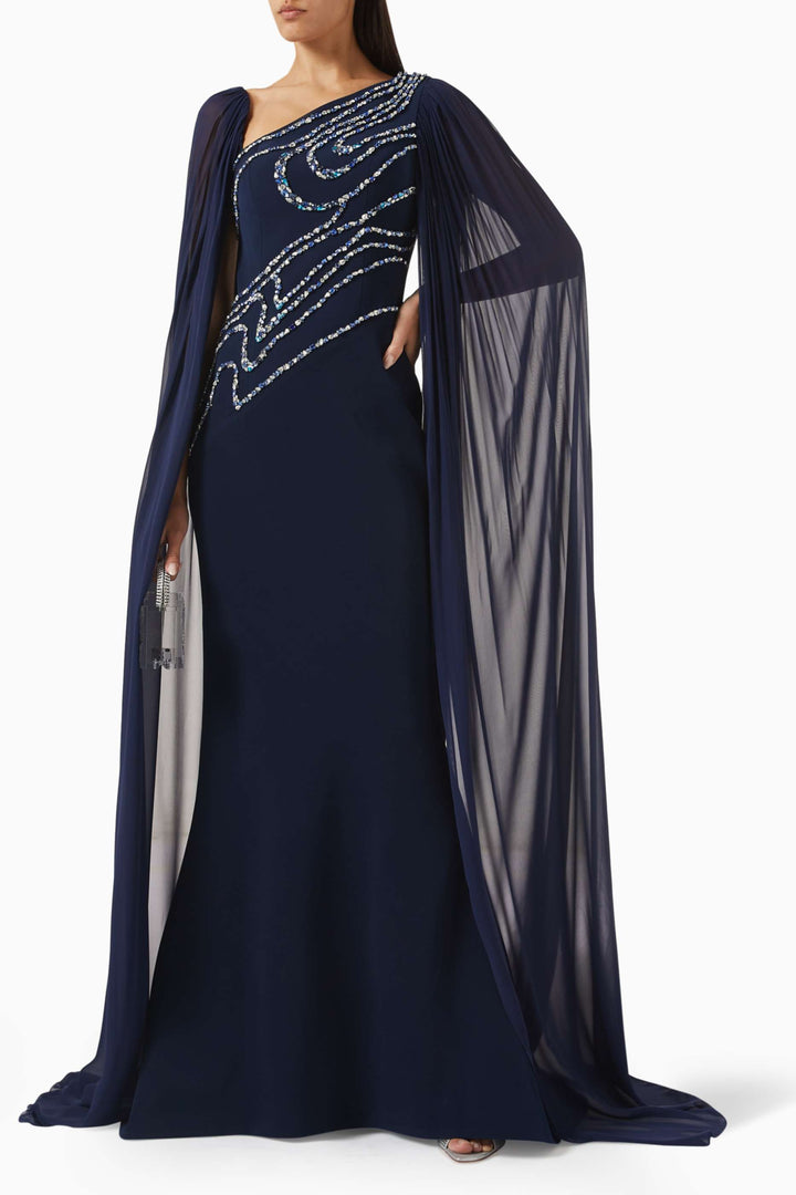 one-shoulder embellished gown with chiffon cape – SERENA