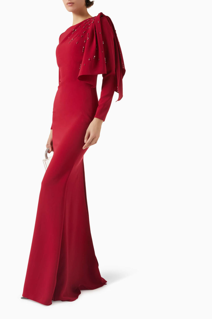 embellished draped-shoulder column gown – RUBINA