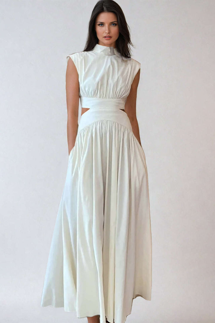Mock Neck Cut Out Pleated Maxi Dress –
