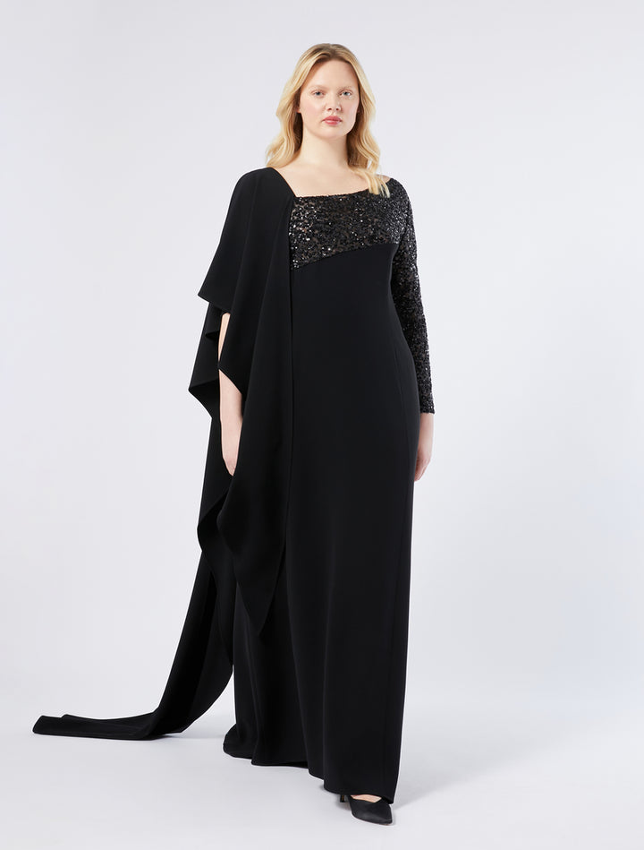 sequin-paneled gown with draped asymmetric cape – ELYANA