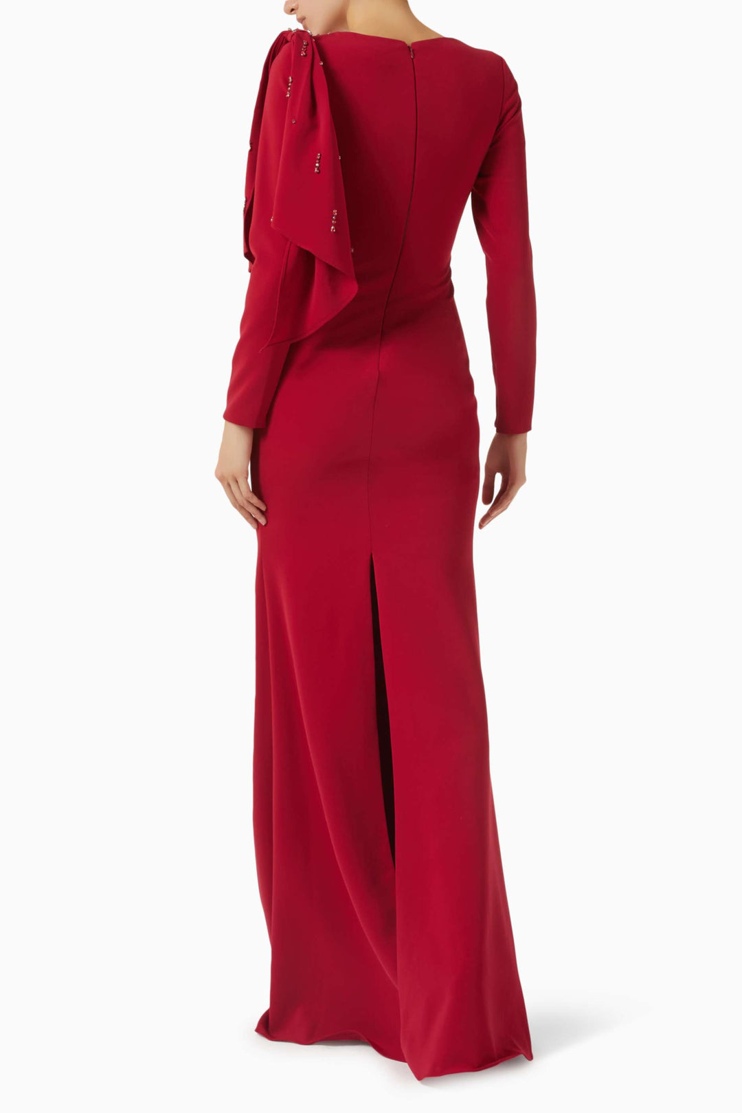 embellished draped-shoulder column gown – RUBINA