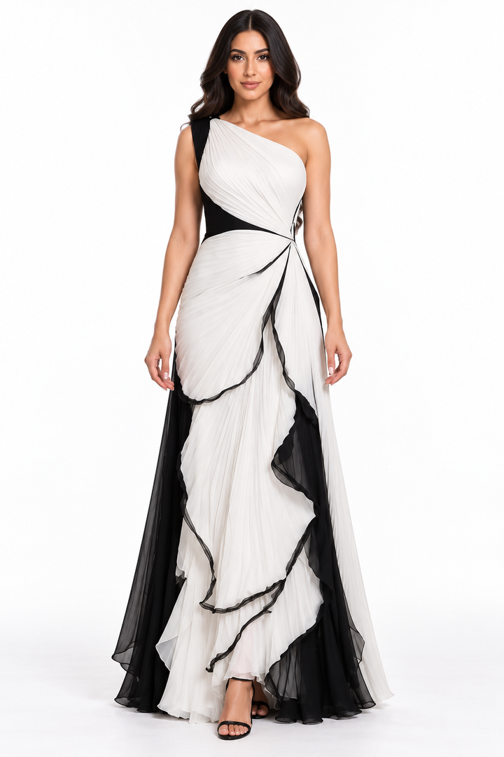 Asymmetric Draped Contrast Maxi Dress – Monvera