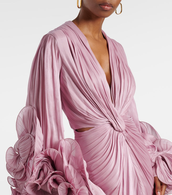 ruched satin gown with ruffled sleeves – EMERALD