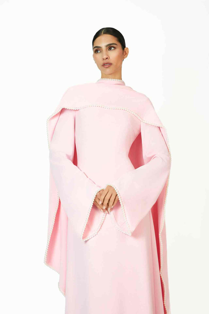 long-sleeve gown with draped pearl-trimmed cape – IVORY GRACE