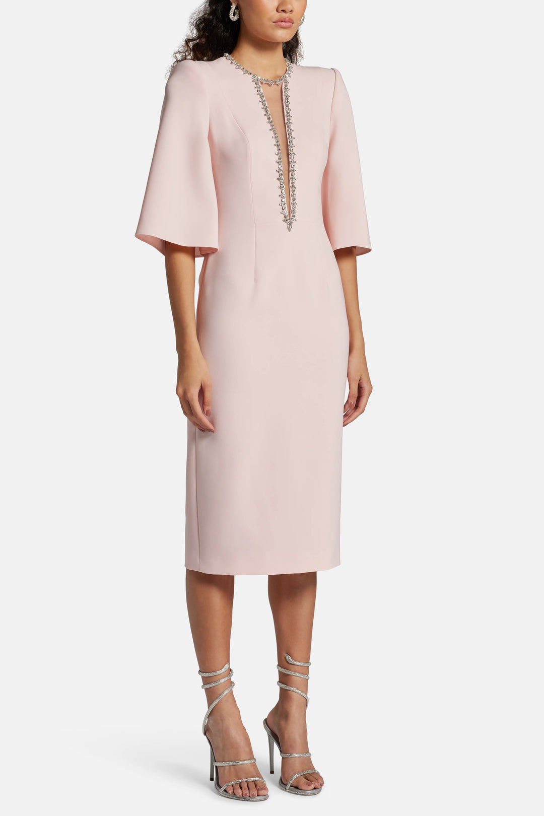 embellished V-neck midi dress with flared sleeves – CELENE