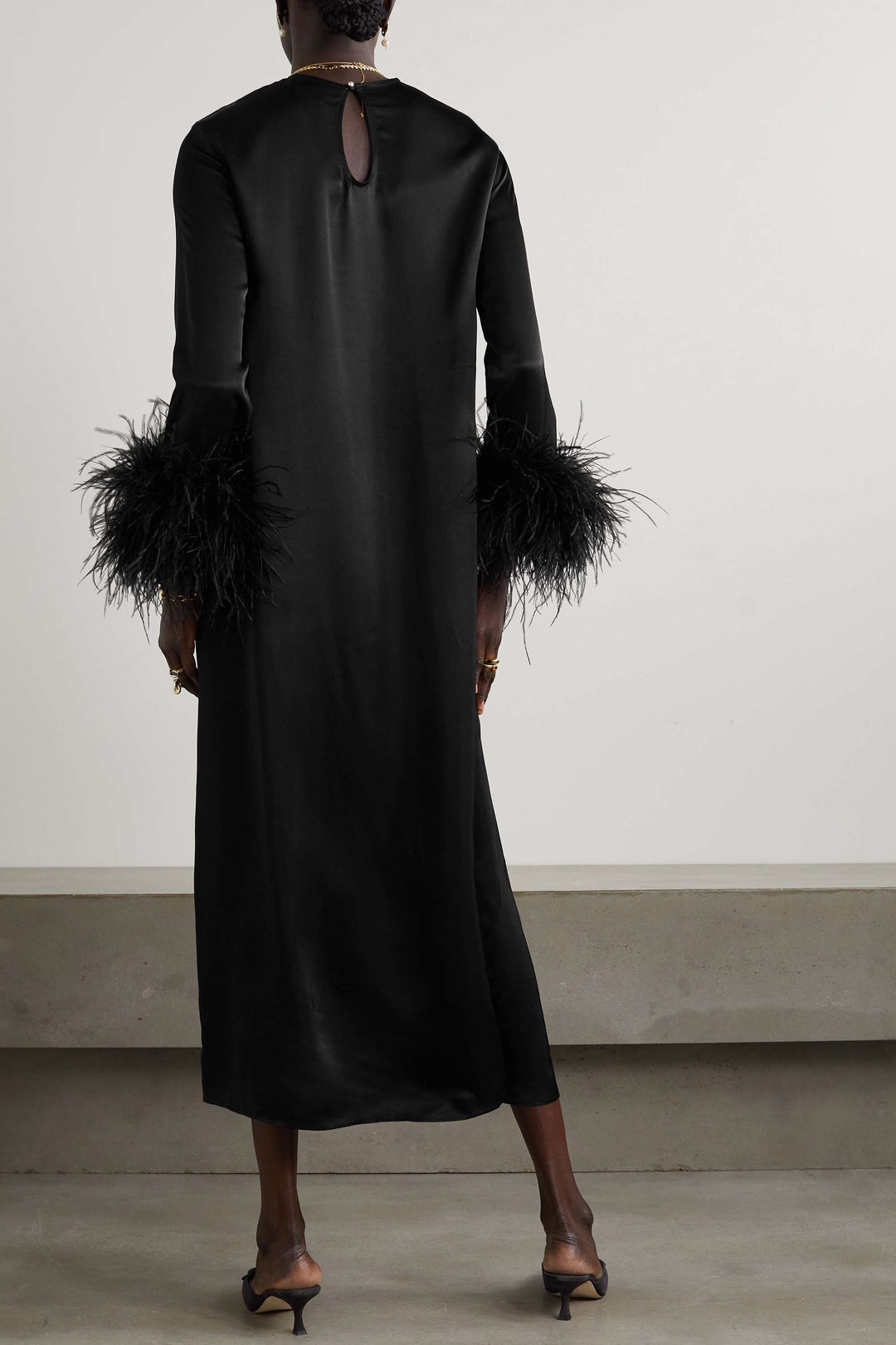 satin midi dress with feather cuffs – NOIR PLUME